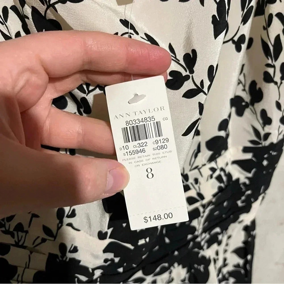 Ann Taylor Silk Dress Black & Cream Floral Print NWT Size 8 Lined - Picture 7 of 11